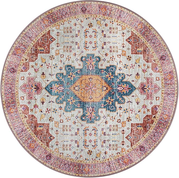 Moynesa Ultra-Thin Washable Round Rug - 6ft Pink Large Living Room Circle Area Rugs, Vintage Dining Room Mat Stain Resistant Nursery Carpet for Bedroom Mudroom Kitchen Apartment Home Office