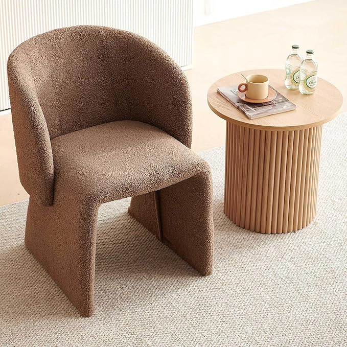 Modern Dining Chair Brown Upholstered Barrel Home Kitchen Chair with Metal Frame, Comfy Accent Chair Teddy Velvet Single Sofa Chair for Living Room,Bedroom