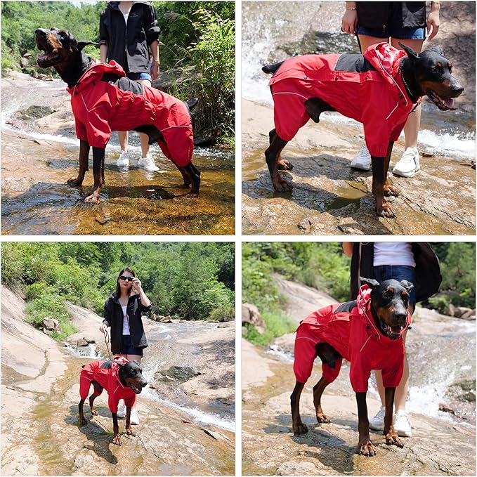 LOVELONGLONG Fleece-Lined Dog Raincoat with Removable Hood – Waterproof Winter Full Body Dog Jacket – Windproof Snowproof Cold-Weather Suit – Red-F 2XL