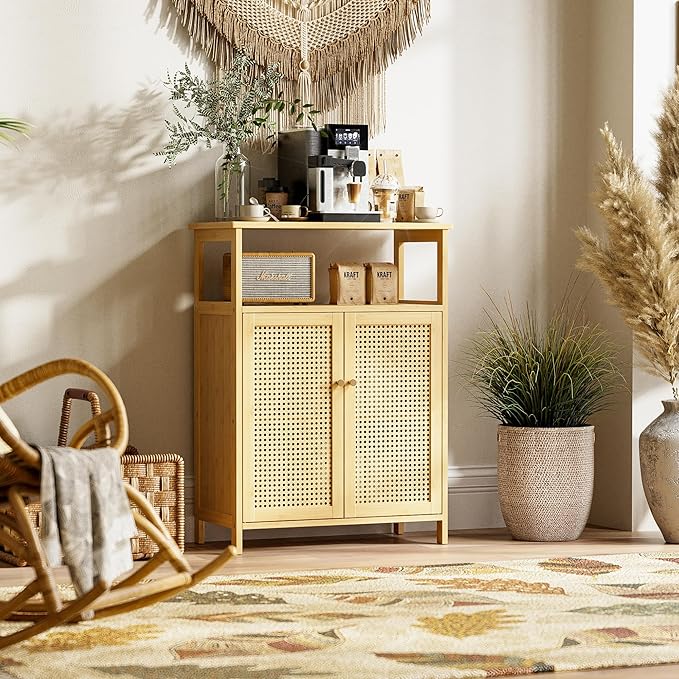 HITNET Rattan Bathroom Storage Cabinet, Bamboo Floor Cupboard with 2 Doors, Freestanding Side Organizer for Living Room, Kitchen, Entryway, Natural