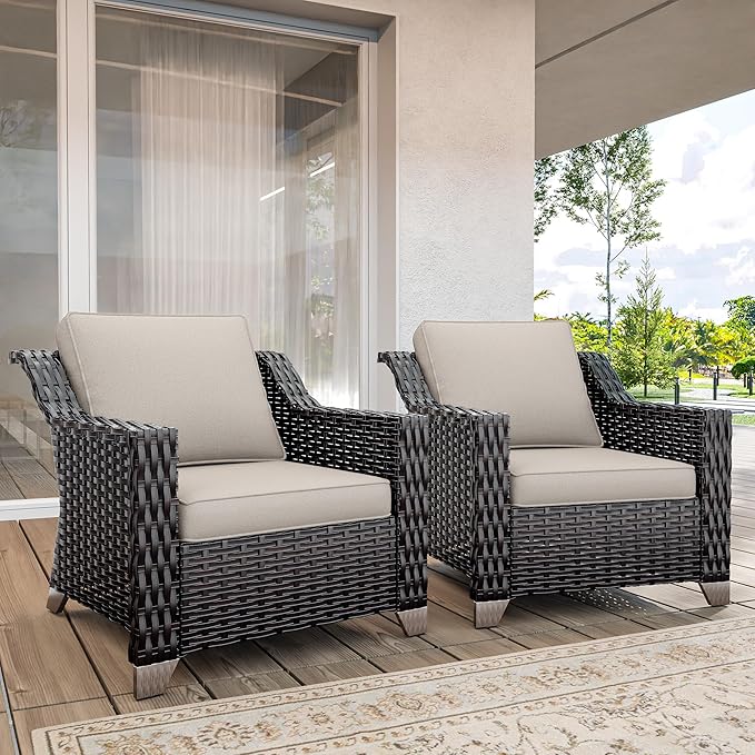 Wicker Patio Chairs Set of 2, Luxury Rattan Patio Furniture with Wide Armrest, Thickened Cushions, Outdoor Chairs for Deck, Porch Use