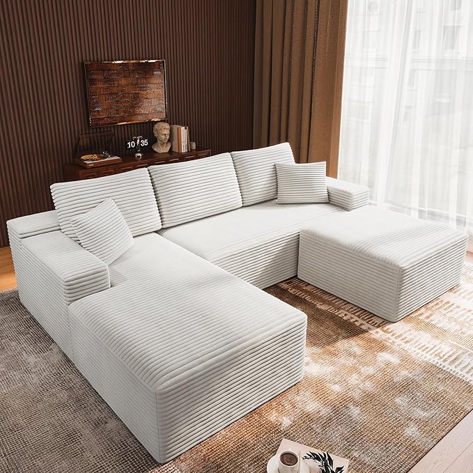 3-Piece Boneless Modular Sectional Sofa, Cloud Couch, Left Facing Chaise with Ottoman, Oversized Deep Seat, Soft Corduroy Fabric, Sectional Couch for Living Room-White