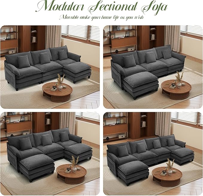Modular Sectional Sofa, Comfy Cloud Couch with Movable Ottoman, Deep Seat Couches for Living Room, Bedroom and Apartment, 140" U Shaped Modern Sofa with Pillows, Grey