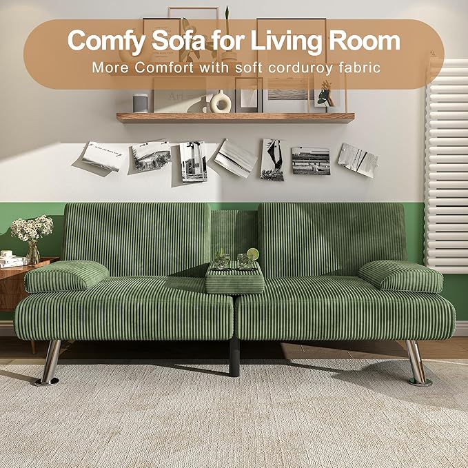 Shahoo Modern Upholstered Convertible Folding Futon Sofa Bed with Removable Armrests, Metal Legs, 2 Cup Holders for Living Room, Green