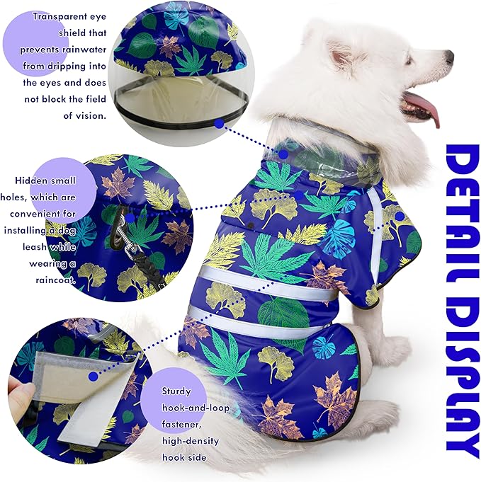 Dog Raincoat, Adjustable Dog Rain Jacket with Clear Hooded Double Layer for Large Medium Small Dogs Puppies, Waterproof Rain Coat Poncho Leaf, Blue-L