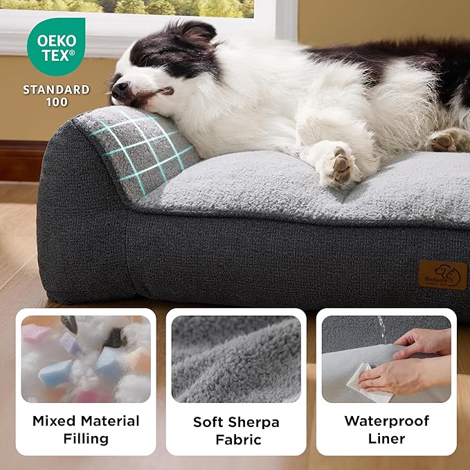 Bedsure Orthopedic Dog Beds Large Sized Dog - Extra Thick Supportive Large Dogs Bed with Waterproof Washable Cover, L Plus Comfort Pet Bed Sofa with Soft Plush Sherpa and Nonskid Bottom, Grey, 38"