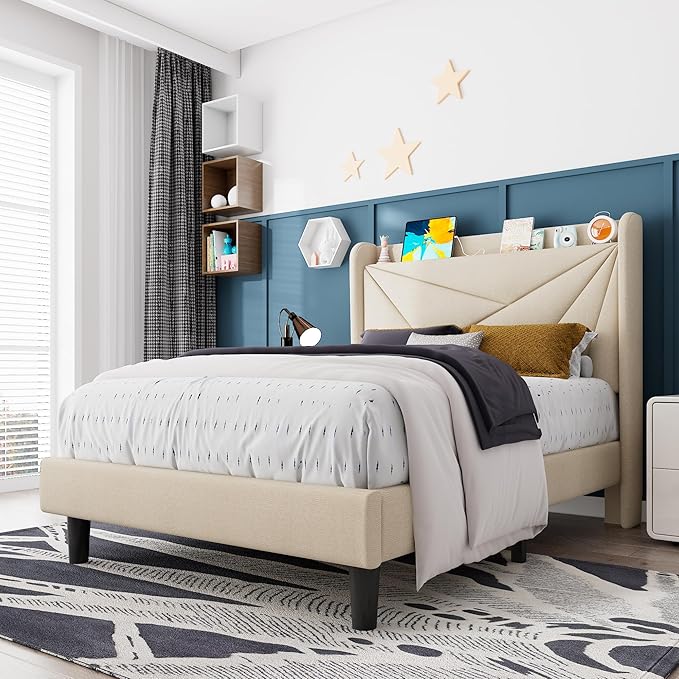 Feonase Twin Size Bed Frame with Charging Station, Upholstered Linen Bedframe with Wingback Headboard, Solid Wood Slats Support, No Box Spring Needed, Noise Free, Beige