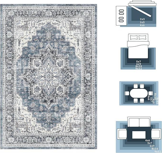 6x9 Area Rugs for Living Room Ultra-Soft Washable Rug Vintage Distressed Boho Area Rug, Non-Slip Retro Print Low Pile Stain Resistant Carpet for Bedroom Dining Room Kitchen Office