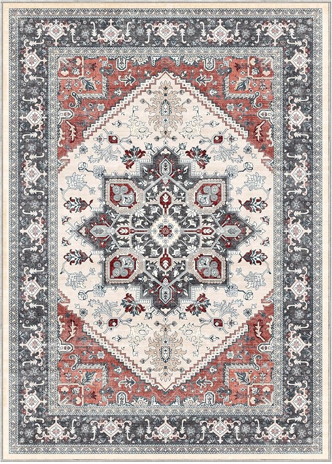 OPPODREAM Thin Area Rugs 5x7, 5x7 Washable Rug with Non Slip Backing, 5 x 7 Faux Cashmere Low-Pile Carpet, Black & Red