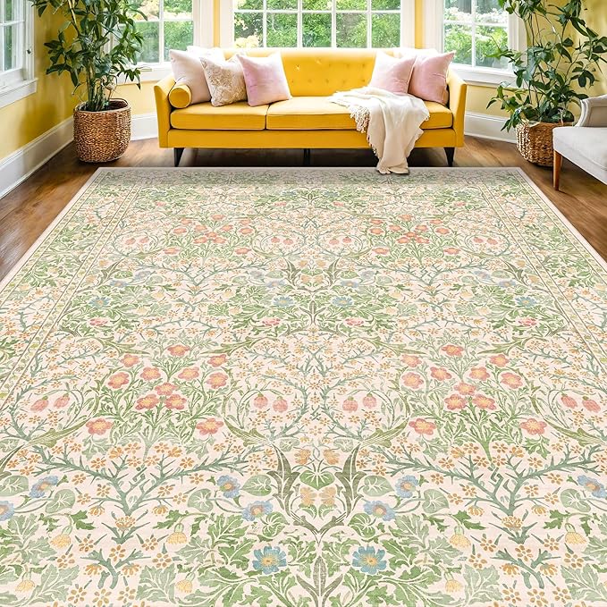 Washable 8x10 Rugs for Living Room, Light Green Oriental Rugs for Bedroom Dining Room Under Kitchen Table, Stain Resistant Non-Slip Pastel Large Washable (8x10 Beige Green)