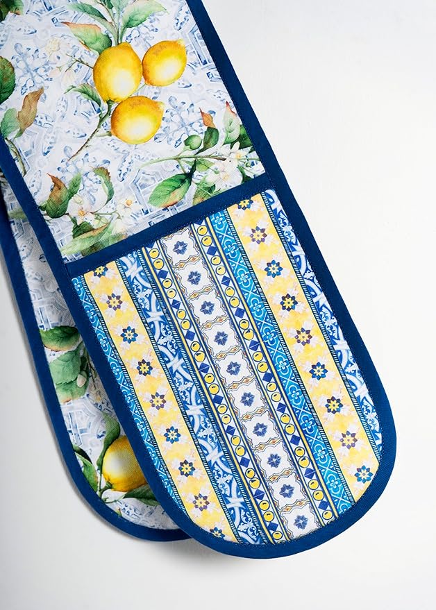 Maison d' Hermine Double Oven Mitts 100% Cotton 7"x35" Double Oven Mitt Heat Resistant BBQ Cooking Gloves with Loop, Baking, Grilling, Home, Kitchen, Handling Hot Pans Spring Summer (Citrus)