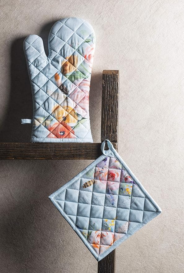 Maison d' Hermine 100% Cotton Oven Mitt & Pot Holder Set (7.5"x13" & 8"x8") Heat Resistant BBQ Cooking Gloves with Loop, Baking, Grilling, Kitchen, Handling Hot Pans Spring/Summer (Ibiza)