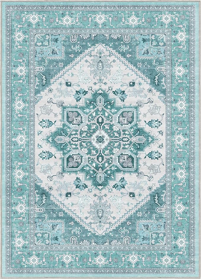 OPPODREAM Thin 8x10 Area Rugs, Washable Rugs 8x10 with Non Slip Backing, Faux Cashmere Low-Pile 8 x 10 Carpet, Teal & Turquoise & Cream