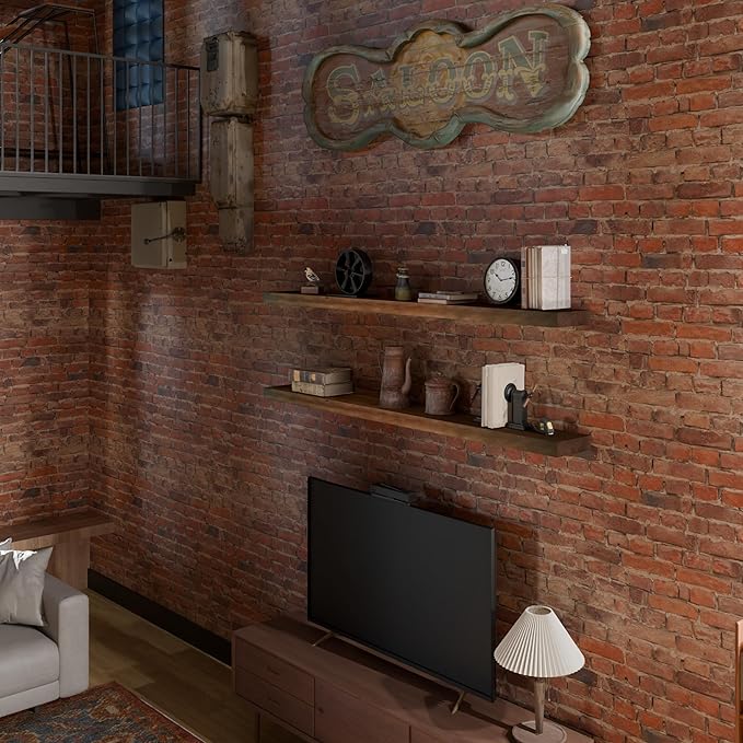 foxsky 72 Inch Solid Pine Wood Floating Shelves for Wall with Hidden Brackets, Rustic Farmhouse Wall Mounted Shelf for Bathroom, Living Room, Bedroom, Kitchen, Office Decor (Walnut)