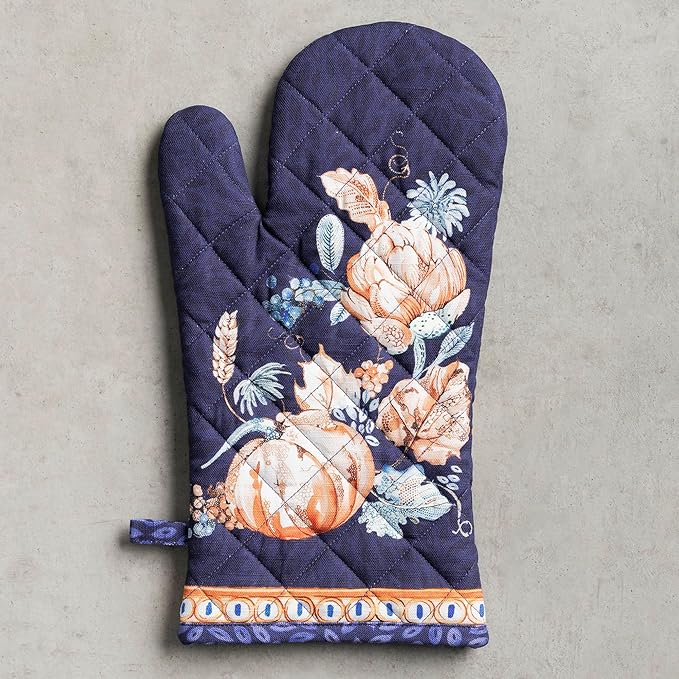 Maison d' Hermine Oven Gloves 100% Cotton Oven Mitt 7" x 13" with Loop Heat Resistant BBQ Cooking Gloves for Thanksgiving Christmas Decorations Baking Handling Hot Pans (Pack of 1, Pumpkin Blues)