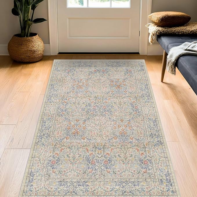 3x5 Washable Area Rug for Bedroom Beside Bed Mat, Large Kitchen, Entryway Rug Indoor - Ultra Soft Vintage Floral Beige Blue Decor Non-Slip Low Pile Stain Resistance