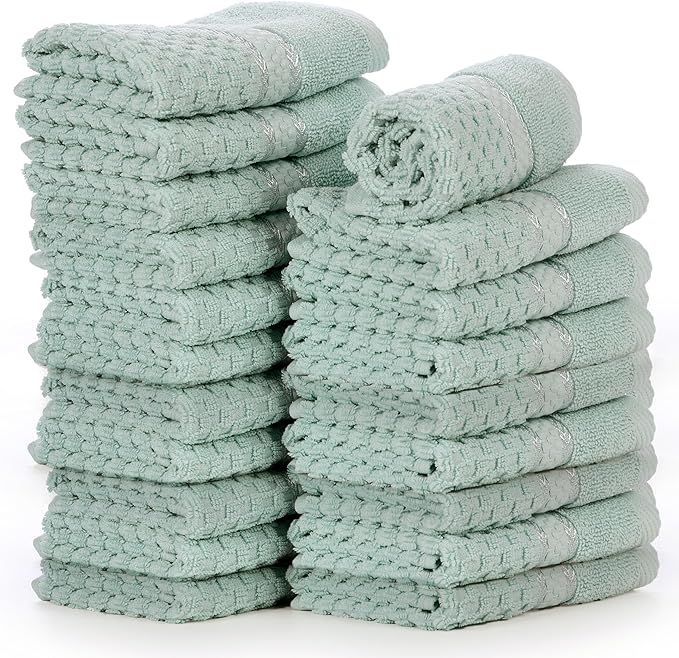 Ample Decor 100% Cotton Washcloths Set of 20 12 X 12 Inch - Highly Absorbent, Popcorn Textured - Mulaayam Collection - Mint Green 20Pcs