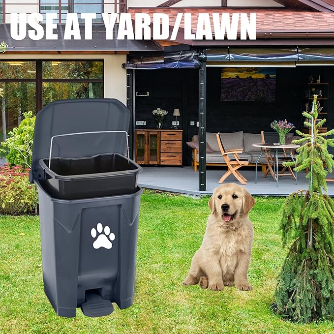 tebiete Dog Poop Trash Can Outdoors Pet Waste Station with Lid Dog Waste Disposal Container with Removable Inner Bin Bucket Hands-Free Pedal Garden Yard Home with Waste Bags, Grey
