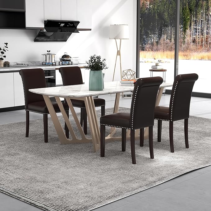 Westice Dining Room Chairs Set of 8 Upholstered PU Leather Kitchen Chairs Dining Room Side Chair with Nailhead Trim and Rubber Wood Legs for Small Space Apartment, Brown