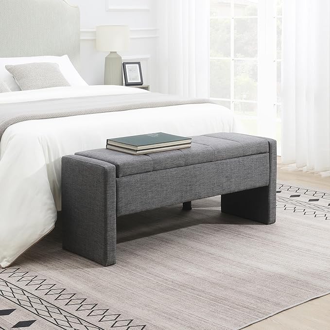 47.25'' Ottoman with Storage, End of Bed Storage Bench, Entryway Bench - Linen Upholstered Multi-Functional Footrest for Bedroom, Living Room, Dorm & Window Bench (Dark Grey)