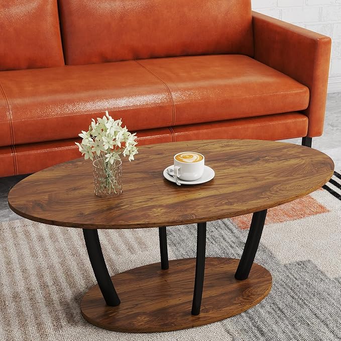 Manora Rustic Small Oval Coffee Table for Living Room, Narrow Wood Center Table with Shelf, Retro Style Coffee Table with Curved Metal Legs, Stable and Easy Assembly, Rusric Brown