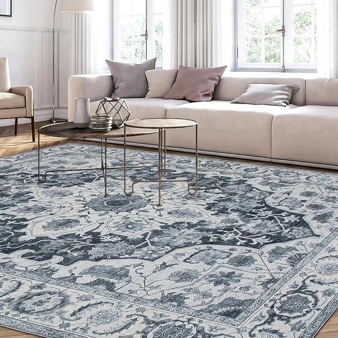 WILLSUN Washable Area Rugs, 9x12 Non-Slip Boho Large Area Rugs for Living Room, Bedroom, Machine Washable Vintage Rug, Indoor Floral Print Carpet for Home Decor, Kid & Pet Friendly Mat