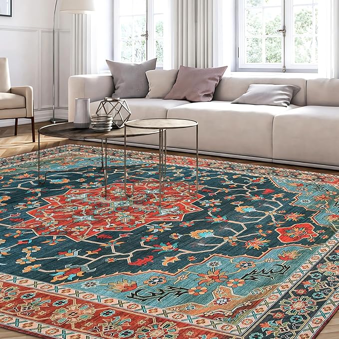 WILLSUN Washable Area Rugs, 8x10 Non-Slip Boho Large Area Rugs for Living Room, Bedroom, Machine Washable Vintage Rug, Indoor Floral Print Carpet for Home Decor, Kid & Pet Friendly Mat