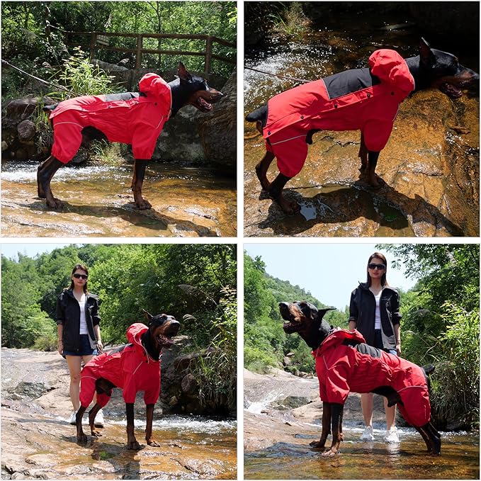 LOVELONGLONG Fleece-Lined Dog Raincoat with Removable Hood – Waterproof Winter Full Body Dog Jacket – Windproof Snowproof Cold-Weather Suit – Red-F 2XL