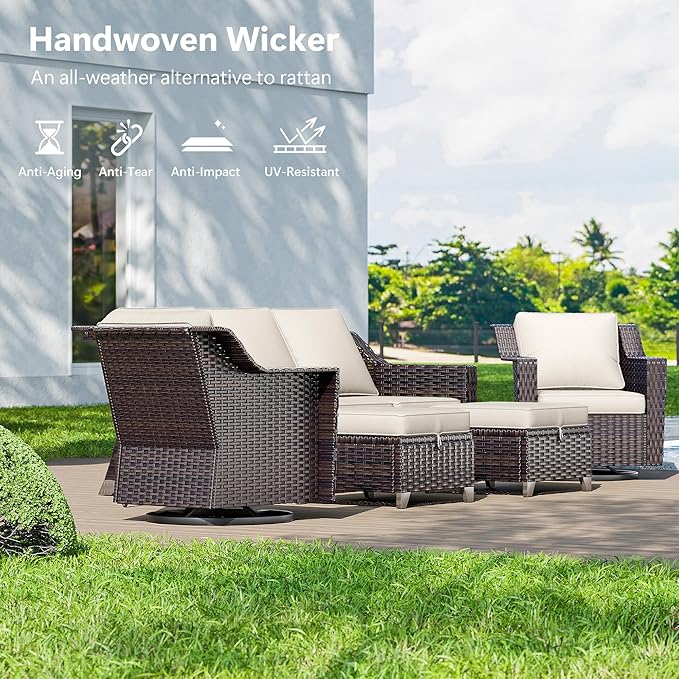 Outdoor Swivel Chairs Set of 2, Luxury Wicker Patio Chair with Wide Armrest, Thickened Cushions, Outdoor Rattan Furniture for Deck, Porch Use