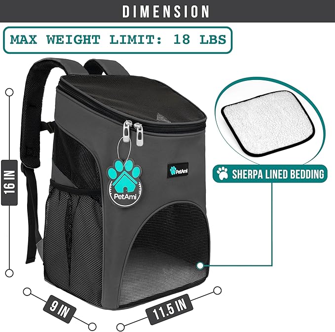 PetAmi Small Dogs and Cat Backpack Carrier, Airline Approved Pet Backpack Carrier, Ventilated, Safety Strap, Buckle Support Designed for Hiking Travel Camping Outdoor, Max 18 lbs (Gray)