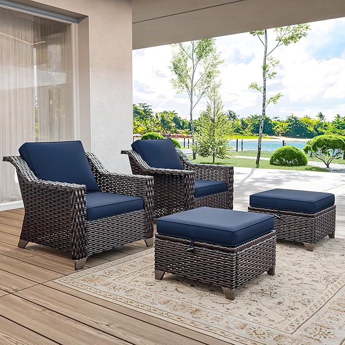 4 Pieces Wicker Patio Furniture, Luxury Outdoor Furniture with 2 Pieces Patio Rattan Chair, 2 Patio Ottoman, Wide Armrest, Thickened Cushions, Ideal for Deck, Porch Use