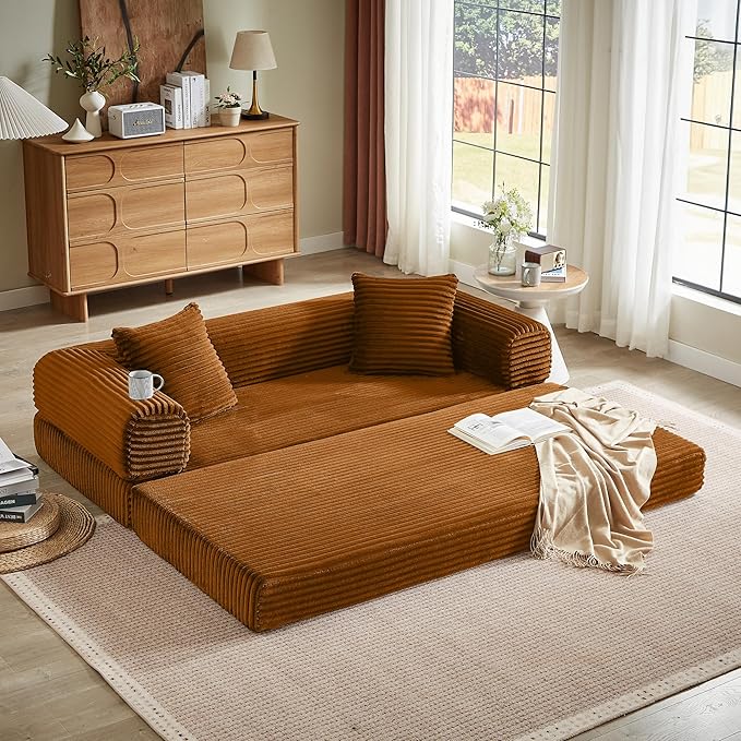 Boneless Couch Sofa Bed Sectional Couches for Living Room,Futon Cloud Couch with Sleeper Sofa,Sofas for Living Room Oversized Corduroy Upholstered (Orange)