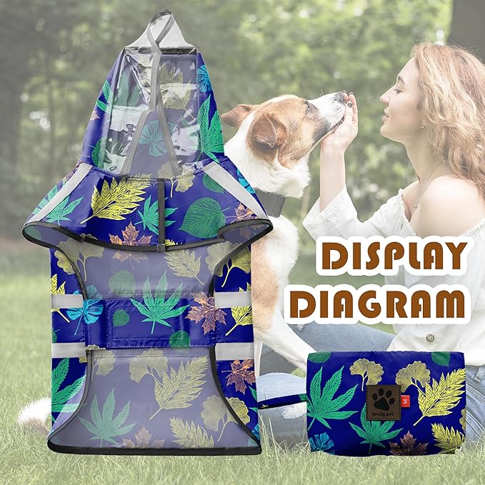 Dog Raincoat, Adjustable Dog Rain Jacket with Clear Hooded Double Layer for Large Medium Small Dogs Puppies, Waterproof Rain Coat Poncho Leaf, Blue-L