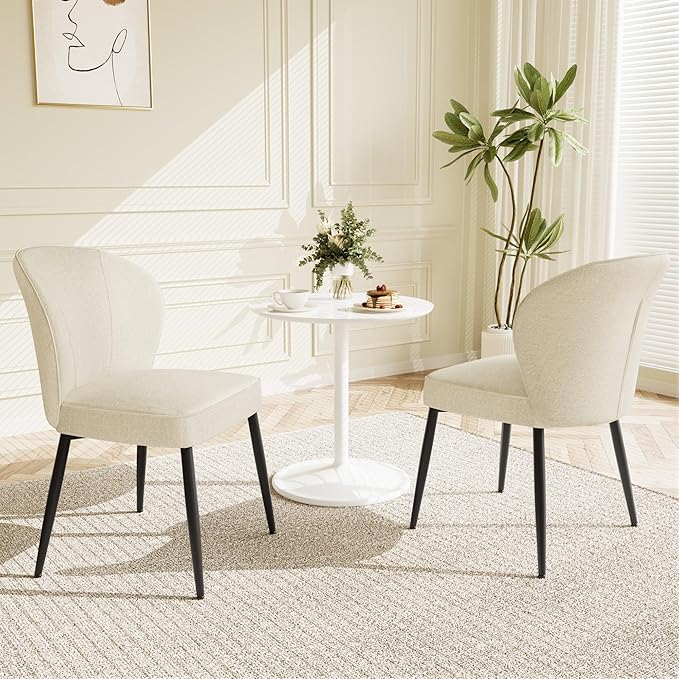 Dining Chairs Set of 4, Modern Fabric Dining Room Chairs with Curved Backrest Well-Padded Seat, Upholstered Kitchen Chairs for Living Dining Room, White