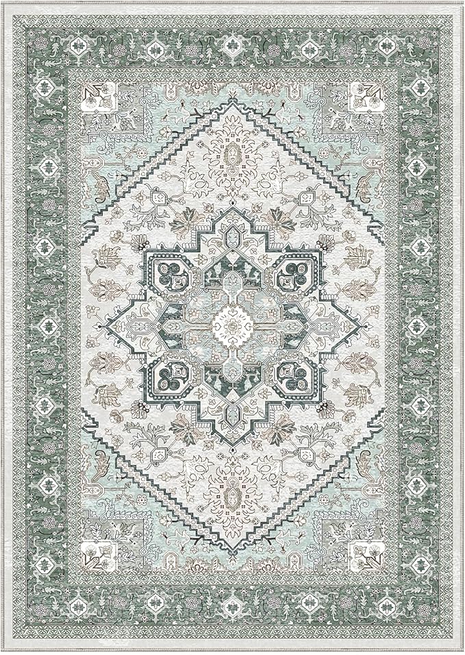 OPPODREAM Thin 10x14 Area Rugs, Washable Rugs 10x14 with Non Slip Backing, Low-Pile Faux Cashmere 10 x 14 Carpet, Green