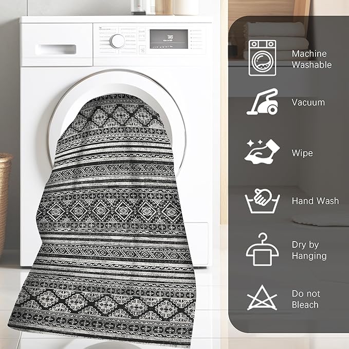 RUGSURE Washable Area Rugs 5' x 7' - 1/6 Thick - Moroccan-Inspired -Stain & Water Resistant Non-Slip - Resistant Rug for Living Room, Bedroom, Nursery, Pet & Child Friendly (Black)