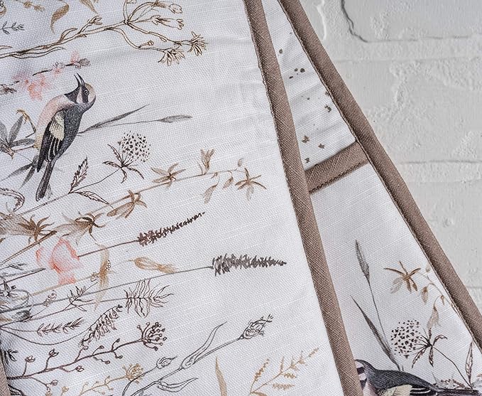 Maison d' Hermine Double Oven Mitts 100% Cotton 7"x35" Double Oven Mitt Heat Resistant BBQ Cooking Gloves with Loop, Baking, Grilling, Kitchen, Handling Hot Pans Spring Summer (Meadow Florals - Brown)