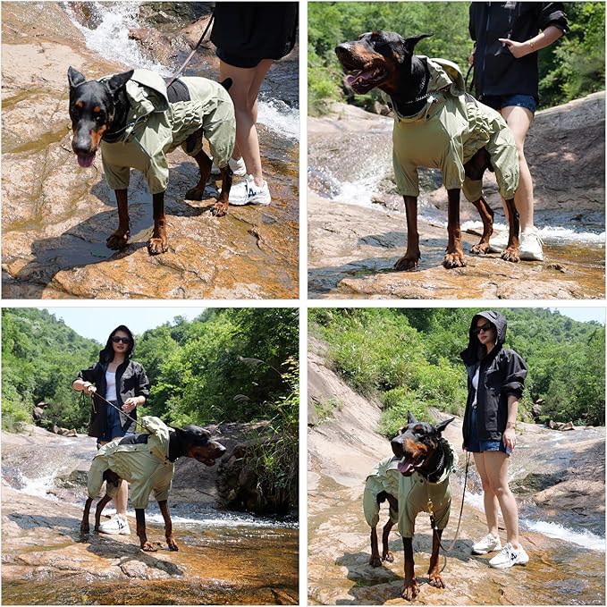 LOVELONGLONG Waterproof Dog Raincoat with Removable Hood – Outdoor Full Body Dog Jacket, Windproof Snowproof Shell Suit – All Season Pet Rain Gear Sage Green L