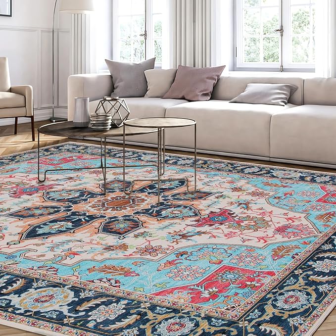 WILLSUN Washable Area Rugs, 8x10 Non-Slip Boho Large Area Rugs for Living Room, Bedroom, Machine Washable Vintage Rug, Indoor Floral Print Carpet for Home Decor, Kid & Pet Friendly Mat