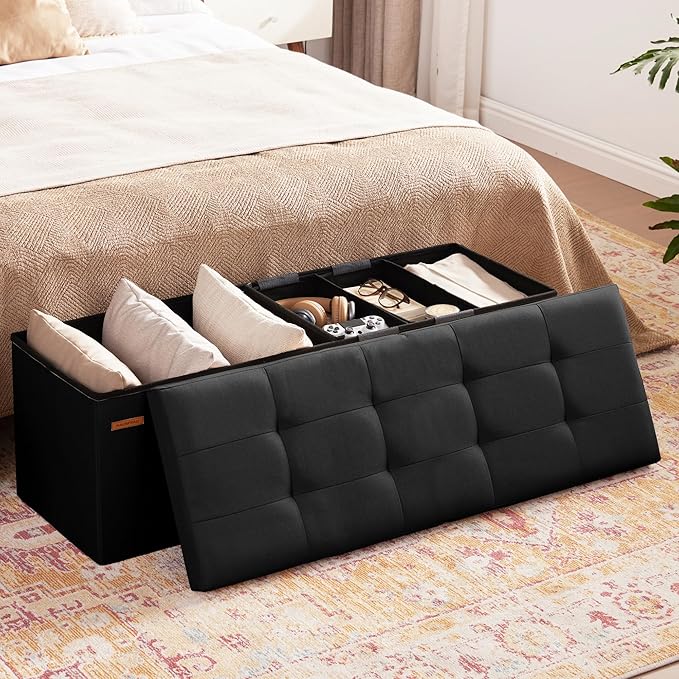 HAUSFRAU 43.3 Inches Ottoman with Storage Bench, Folding Ottoman Bench Foot Rest Stool, Bedroom Bench with Flipping Lid, Linen Black