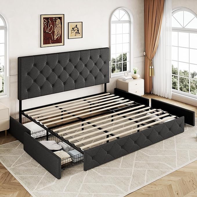 Allewie Upholstered King Size Platform Bed Frame with 4 Storage Drawers and Headboard, Diamond Stitched Button Tufted, Mattress Foundation with Wooden Slats Support, No Box Spring Needed, Dark Grey