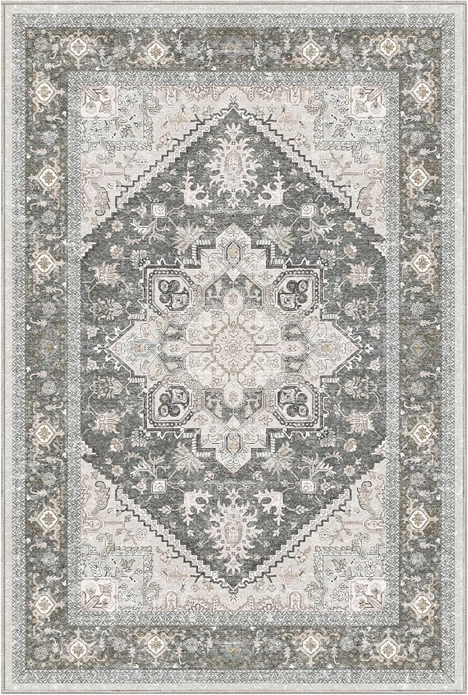 OPPODREAM Thin Area Rugs 5x7, 5x7 Washable Rug with Non Slip Backing, 5 x 7 Faux Cashmere Low-Pile Carpet, Greenish Grey