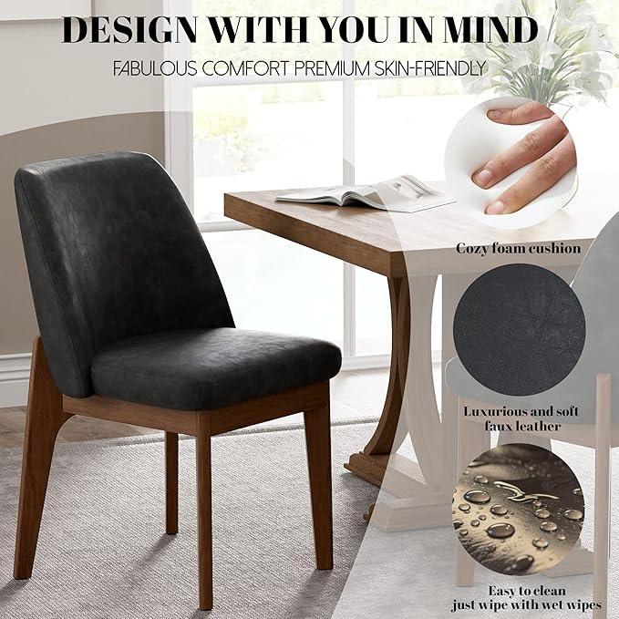 VKNOW Modern Dining Chairs Set of 2, Faux Leather Kitchen Chairs with Wood Legs, Upholstered Side Chair for Kitchen Dining Room, Black