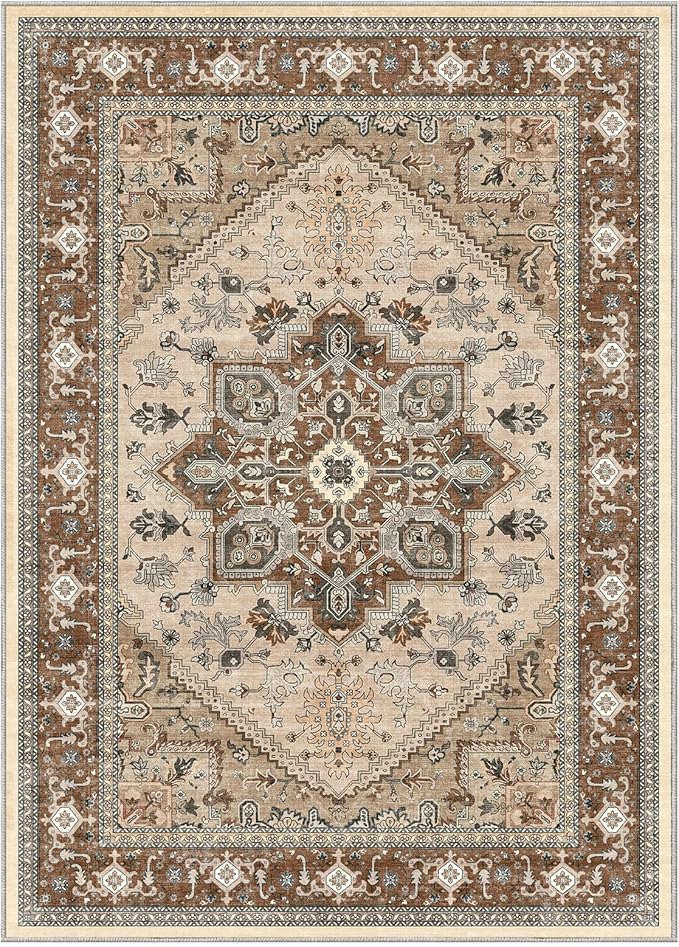 OPPODREAM Thin Area Rugs 3x5, Washable Rugs with Non Slip Backing, Low-Pile Throw 3x5 Carpet, Faux Cashmere 3 x 5 Carpet, Brown