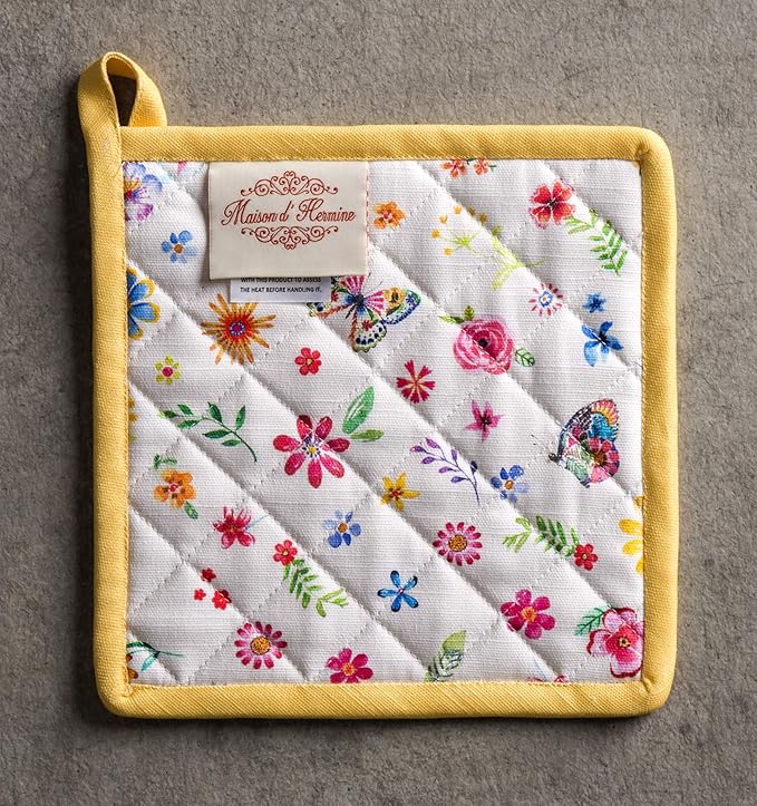 Maison d' Hermine Pot Holders Set 100% Cotton Heat Resistant Potholders 8" x 8" Hot Pads with Loop BBQ, Cooking, Grilling, Kitchen, Handling Hot Pans Spring/Summer (Pack of 2, Happy Florals - Sweety)