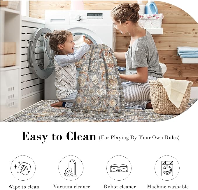 RUGSURE Washable Area Rugs - Perfect for Living Room, Bedroom, Kids Room, Nursery - Stain & Water Resistant Non-Slip, Pet & Child Friendly, Vintage Tribal Area Rugs (Turmeric and Grey, 2'6'' x 8')