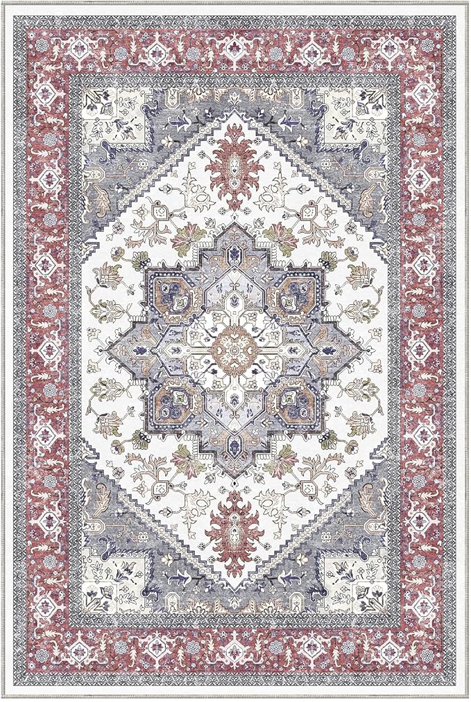 OPPODREAM Thin Throw Rugs 2x3, Small Washable Entryway Rugs 2 x 3 with Non Slip Backing, Low-Pile Faux Cashmere 2 x 3 Carpet, Red & Grey