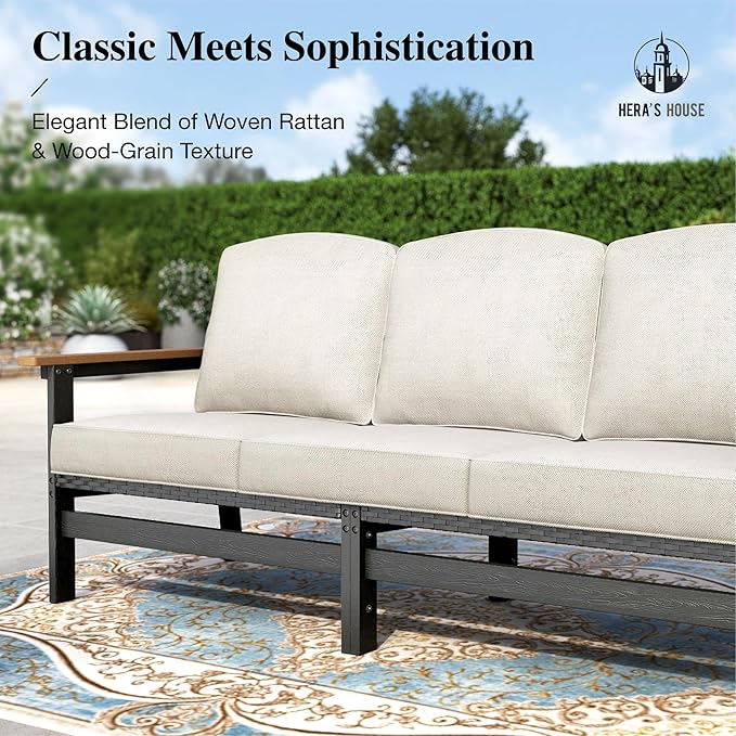 HERA'S HOUSE HDPE Patio Furniture Set, 4-Piece Outdoor Wicker Conversation Couch Set with Thick Cushion, All-Weather Patio Sofa Set for Backyard Garden Deck, Wood Grain Coffee Table