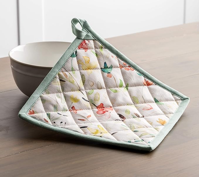 Maison d' Hermine Pot Holders Set 100% Cotton Heat Resistant Potholders 8" x 8" Hot Pads with Loop BBQ, Cooking, Baking, Grilling, Kitchen, Handling Hot Pans Spring/Summer (Pack of 2, Colmar)