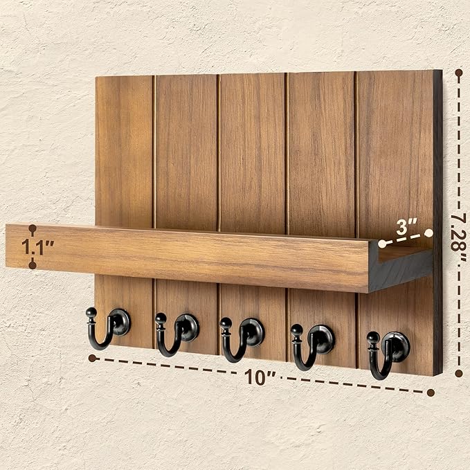 Rebee Vision Decorative Key Holder for Wall - Rustic Key Hooks with Shelf and Mail Organizer Wall Mount for Farmhouse Wall Decor Living Room - Home Essentials for New Home (Brown, 3.54" x 10" x 7.28")